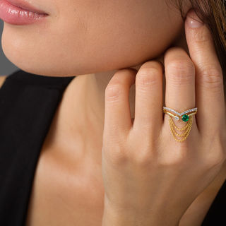 Lab-Created Emerald and White Sapphire Chevron Open Split Shank Chain Dangle Ring in Sterling Silver with 14K Gold Plate