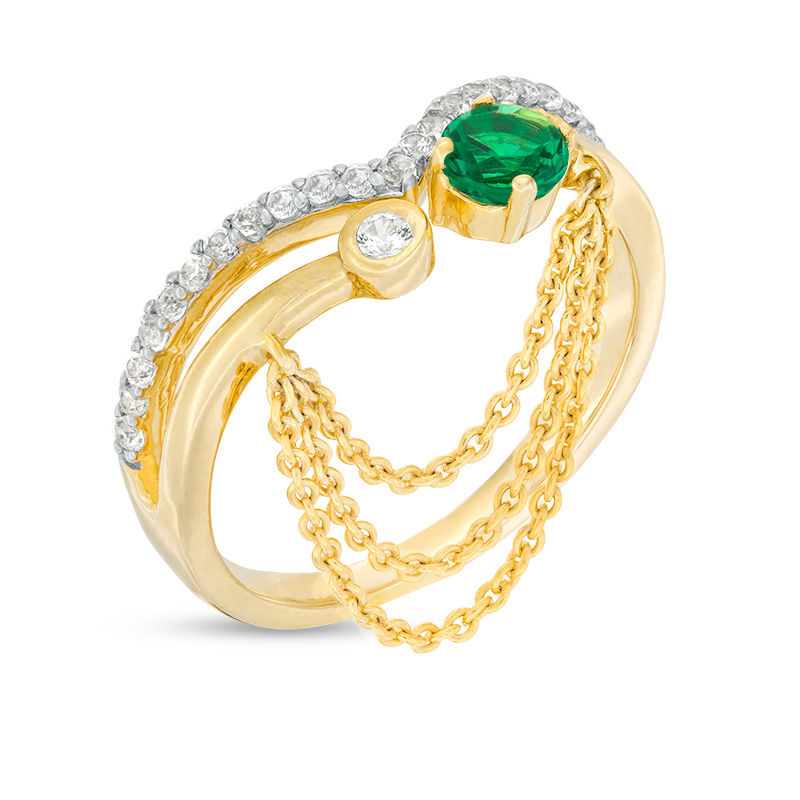 Lab-Created Emerald and White Sapphire Chevron Open Split Shank Chain Dangle Ring in Sterling Silver with 14K Gold Plate|Peoples Jewellers