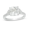 Thumbnail Image 0 of 8.0mm Cushion-Cut Lab-Created White Sapphire and 0.04 CT. T.W. Diamond Tri-Sides Engagement Ring in 10K White Gold