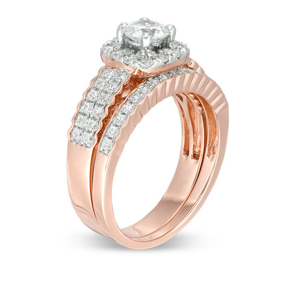 0.91 CT. T.W. Diamond Cushion Frame Bridal Set in 10K Rose Gold