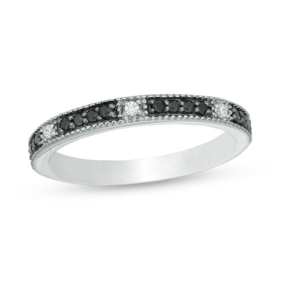 0.149 CT. T.W. Enhanced Black and White Diamond Vintage-Style Stackable Band in 10K White Gold