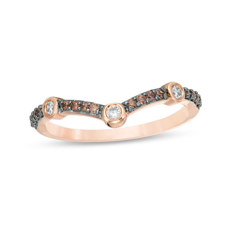 0.145 CT. T.W. Enhanced Champagne and White Diamond Station Chevron Stackable Band in 10K Rose Gold|Peoples Jewellers