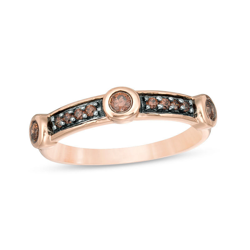0.18 CT. T.W. Enhanced Champagne Diamond Three Stone Station Stackable Band in 10K Rose Gold|Peoples Jewellers
