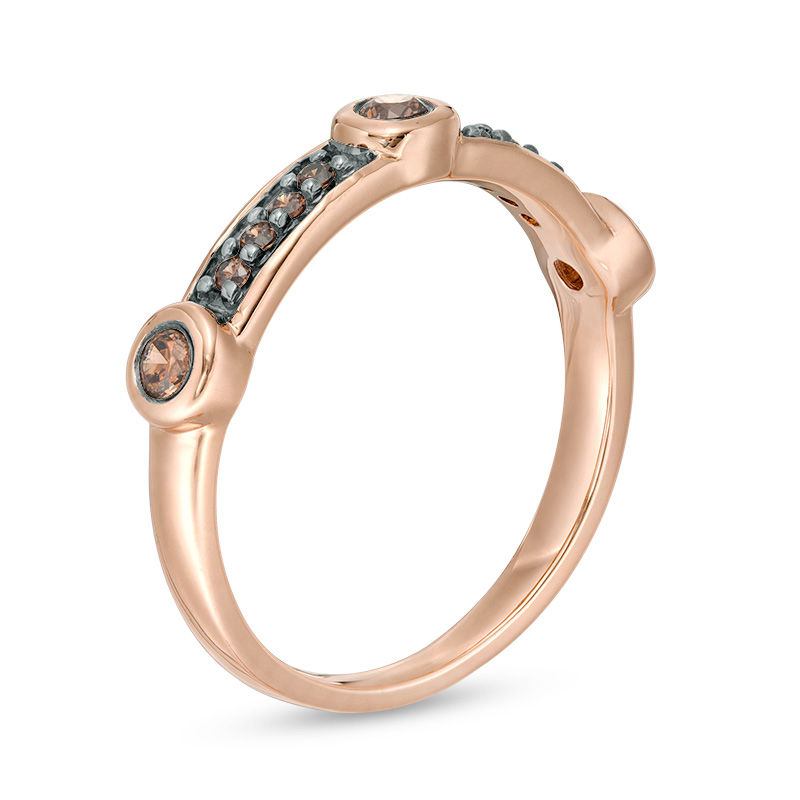 0.18 CT. T.W. Enhanced Champagne Diamond Three Stone Station Stackable Band in 10K Rose Gold|Peoples Jewellers