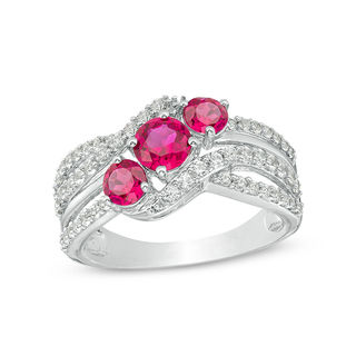 Lab-Created Ruby and White Sapphire Slanted Three Stone Ring in Sterling Silver