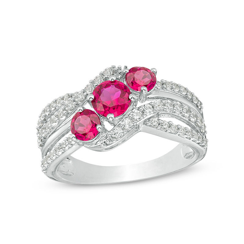 Lab-Created Ruby and White Sapphire Slanted Three Stone Ring in Sterling Silver|Peoples Jewellers