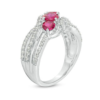 Lab-Created Ruby and White Sapphire Slanted Three Stone Ring in Sterling Silver