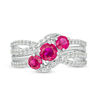 Lab-Created Ruby and White Sapphire Slanted Three Stone Ring in Sterling Silver