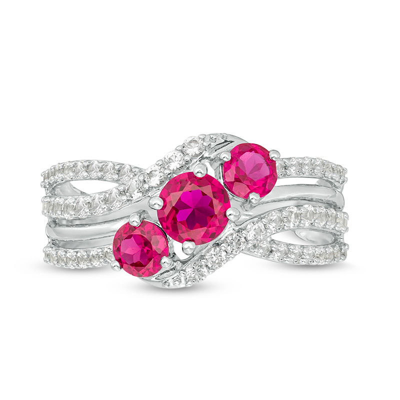 Lab-Created Ruby and White Sapphire Slanted Three Stone Ring in Sterling Silver|Peoples Jewellers