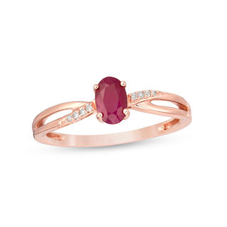 Oval Certified Ruby and Diamond Accent Crossover Split Shank Ring in 10K Rose Gold