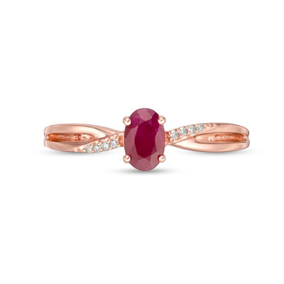 Oval Certified Ruby and Diamond Accent Crossover Split Shank Ring in 10K Rose Gold