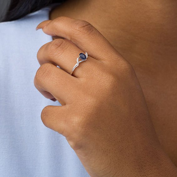 Pear-Shaped Blue Sapphire and Diamond Accent Split Shank Ring in 10K White Gold