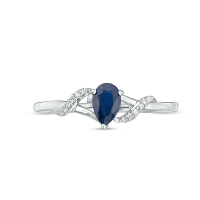 Pear-Shaped Blue Sapphire and Diamond Accent Split Shank Ring in 10K White Gold