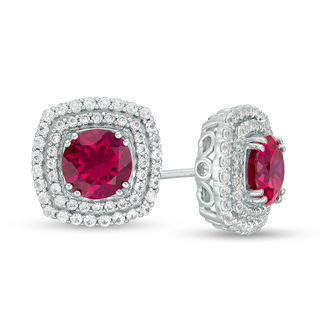 7.0mm Lab-Created Ruby and White Sapphire Cushion-Shaped Double Frame Stud Earrings in Sterling Silver