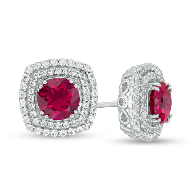 7.0mm Lab-Created Ruby and White Sapphire Cushion-Shaped Double Frame Stud Earrings in Sterling Silver|Peoples Jewellers