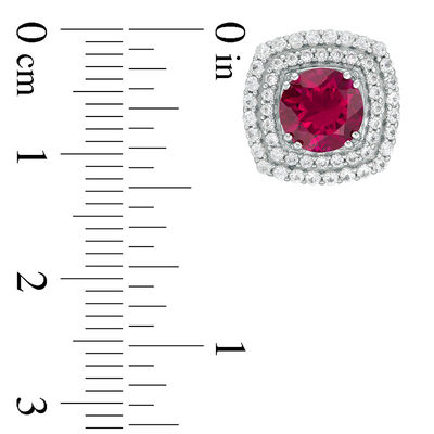 7.0mm Lab-Created Ruby and White Sapphire Cushion-Shaped Double Frame Stud Earrings in Sterling Silver