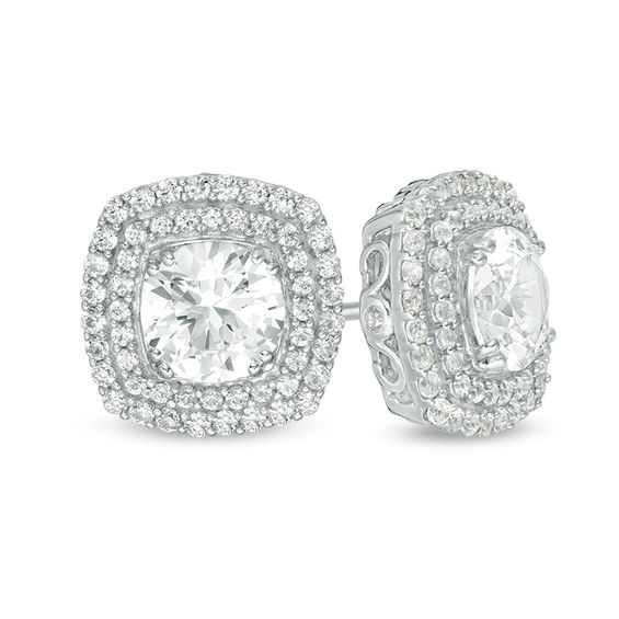 7.0mm Lab-Created White Sapphire Cushion-Shaped Double Frame Stud Earrings in Sterling Silver