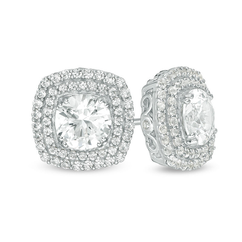 7.0mm Lab-Created White Sapphire Cushion-Shaped Double Frame Stud Earrings in Sterling Silver|Peoples Jewellers