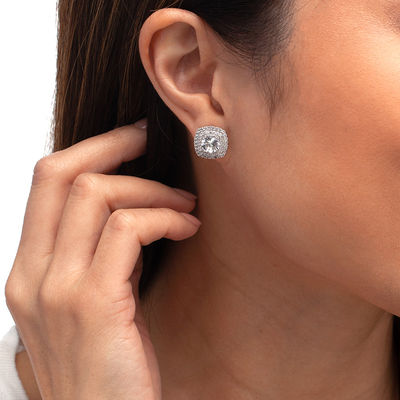 7.0mm Lab-Created White Sapphire Cushion-Shaped Double Frame Stud Earrings in Sterling Silver