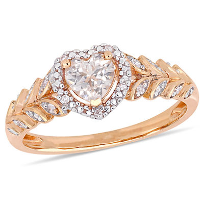 5.0mm Heart-Shaped Lab-Created White Sapphire and 0.055 CT. T.W. Diamond Layered Leaf Shank Ring in 10K Rose Gold