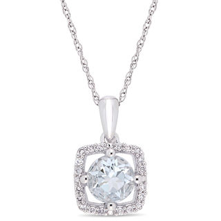 6.0mm Aquamarine and 0.10 CT. T.W. Diamond Cushion Frame Pendant in 10K White Gold - 17"