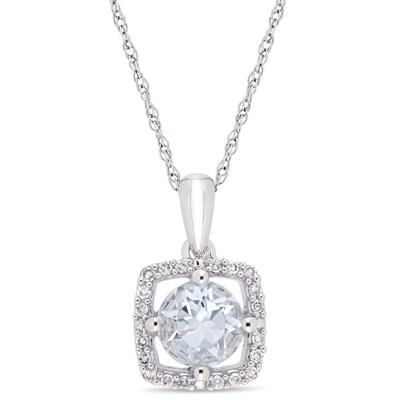 6.0mm Aquamarine and 0.10 CT. T.W. Diamond Cushion Frame Pendant in 10K White Gold - 17"|Peoples Jewellers