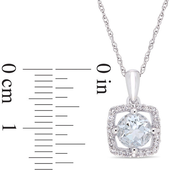 6.0mm Aquamarine and 0.10 CT. T.W. Diamond Cushion Frame Pendant in 10K White Gold - 17"