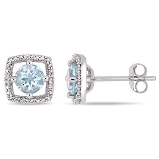 5.0mm Aquamarine and 0.072 CT. T.W. Diamond Cushion Frame Stud Earrings in 10K White Gold