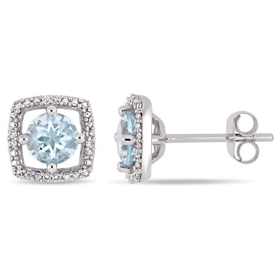 5.0mm Aquamarine and 0.072 CT. T.W. Diamond Cushion Frame Stud Earrings in 10K White Gold