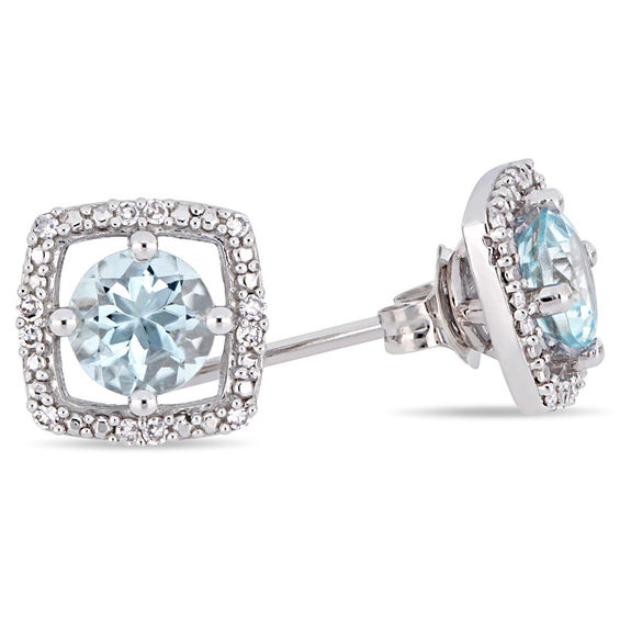 5.0mm Aquamarine and 0.072 CT. T.W. Diamond Cushion Frame Stud Earrings in 10K White Gold