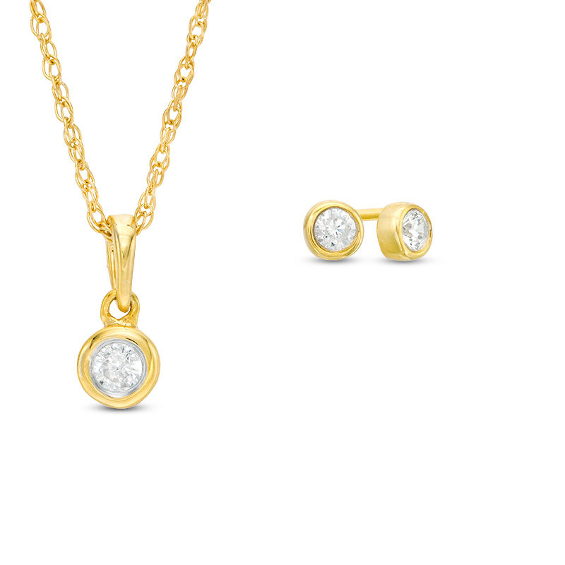 CT. T.W. Diamond Bezel-Set Solitaire Pendant and Stud Earrings Set in 10K Gold|Peoples Jewellers