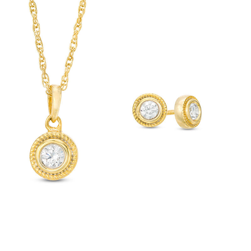 CT. T.W. Diamond Solitaire Rope-Edge Vintage-Style Pendant and Stud Earrings Set in 10K Gold|Peoples Jewellers