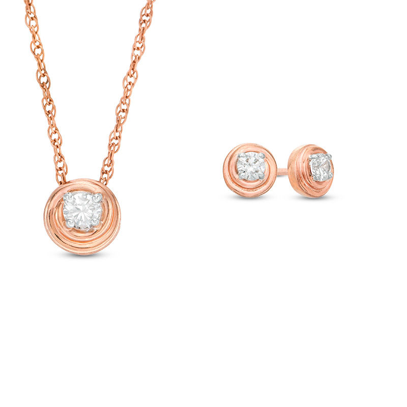 CT. T.W. Diamond Solitaire Swirl Pendant and Stud Earrings Set in 10K Rose Gold|Peoples Jewellers