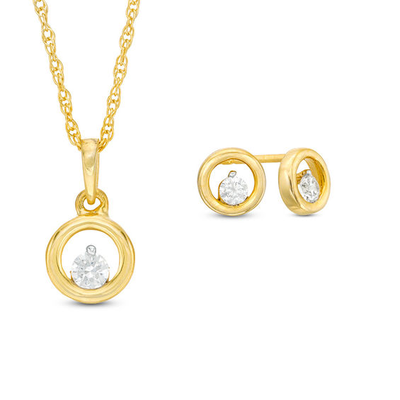 CT. T.W. Diamond Solitaire Floating Circle Pendant and Stud Earrings Set in 10K Gold