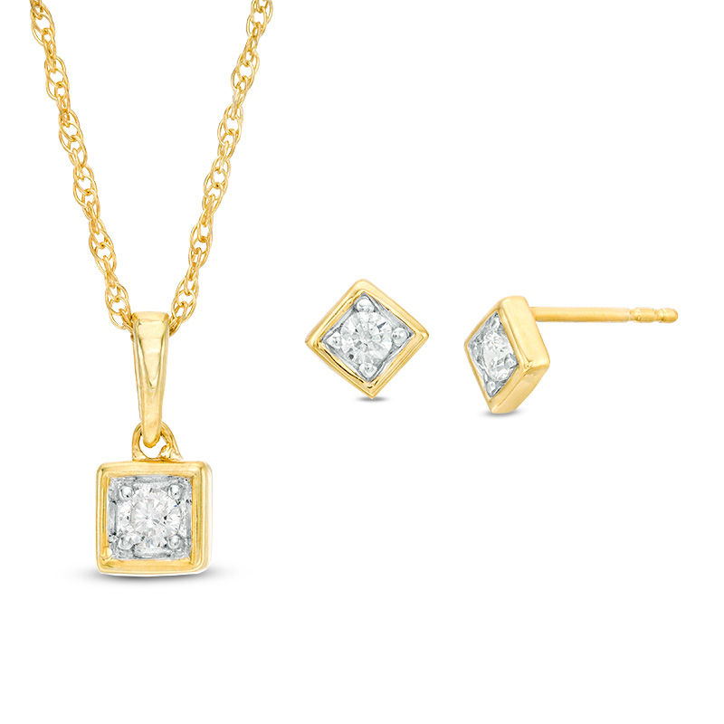 CT. T.W. Diamond Solitaire Square Pendant and Stud Earrings Set in 10K Gold|Peoples Jewellers