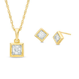 0.45 CT. T.W. Diamond Solitaire Square Pendant and Stud Earrings Set in 10K Gold