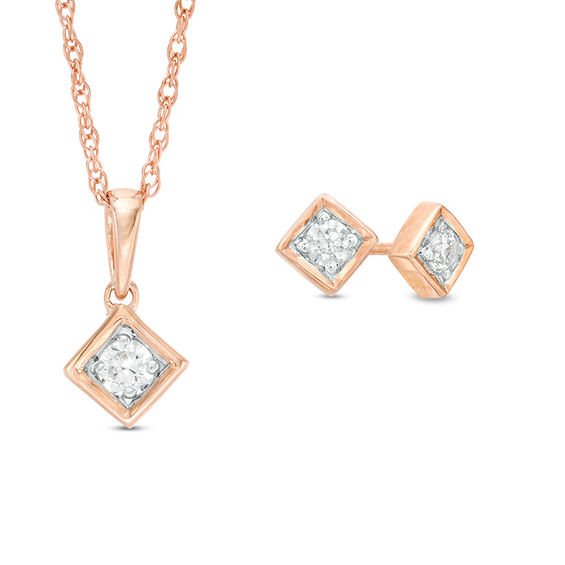 CT. T.W. Diamond Solitaire Tilted Square Pendant and Stud Earrings Set in 10K Rose Gold