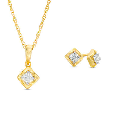 CT. T.W. Diamond Solitaire Tilted Twist Square Pendant and Stud Earrings Set in 10K Gold