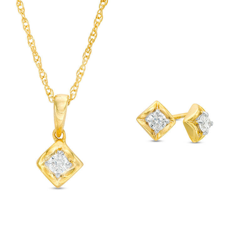 CT. T.W. Diamond Solitaire Tilted Twist Square Pendant and Stud Earrings Set in 10K Gold|Peoples Jewellers