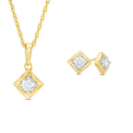 0.45 CT. T.W. Diamond Solitaire Tilted Twist Square Pendant and Stud Earrings Set in 10K Gold