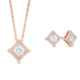 0.23 CT. T.W. Diamond Solitaire Concave Square Pendant and Stud Earrings Set in 10K Rose Gold