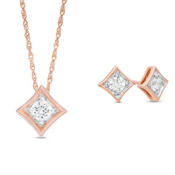 CT. T.W. Diamond Solitaire Concave Square Pendant and Stud Earrings Set in 10K Rose Gold