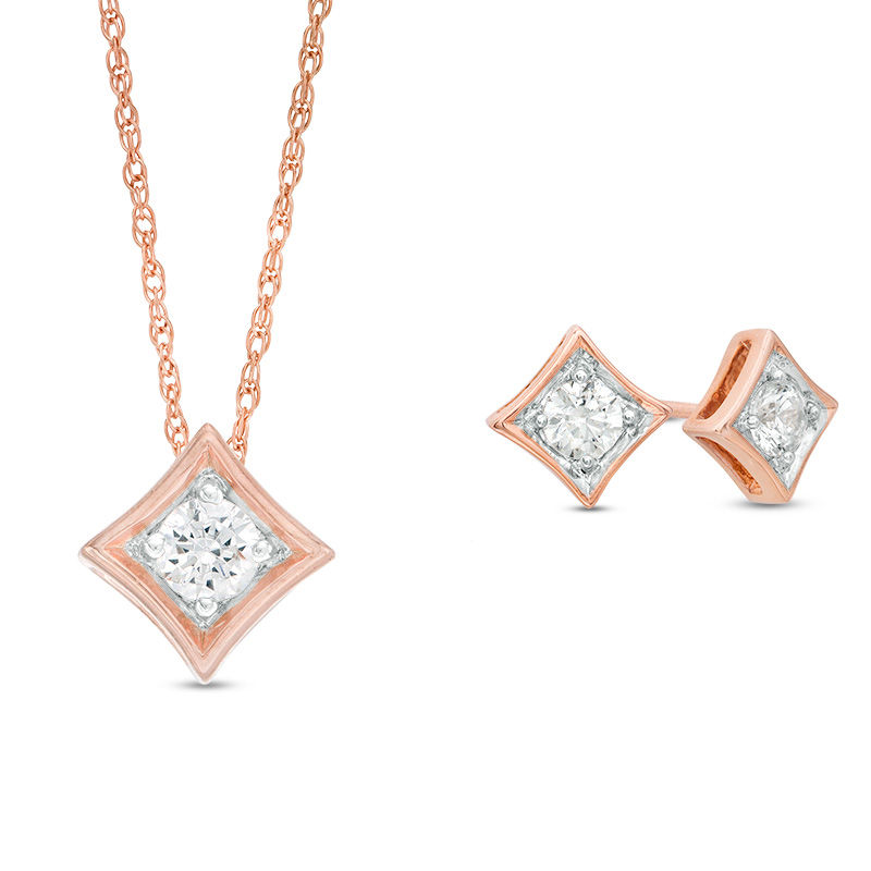 CT. T.W. Diamond Solitaire Concave Square Pendant and Stud Earrings Set in 10K Rose Gold|Peoples Jewellers