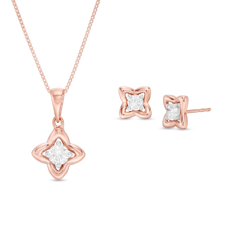 CT. T.W. Diamond Solitaire Flower Pendant and Stud Earrings Set in 10K Rose Gold|Peoples Jewellers