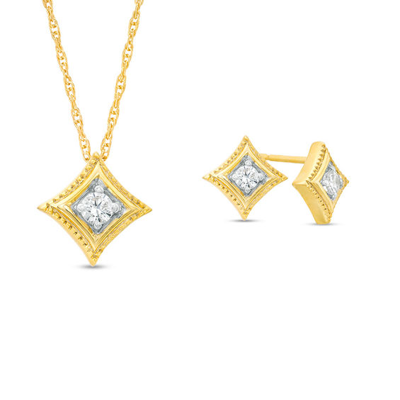 CT. T.W. Diamond Solitaire Concave Square Vintage-Style Pendant and Stud Earrings Set in 10K Gold