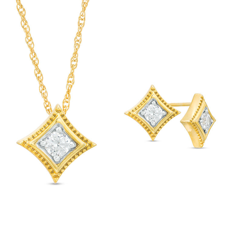 Main Image 1 of 0.45 CT. T.W. Diamond Solitaire Concave Square Vintage-Style Pendant and Stud Earrings Set in 10K Gold