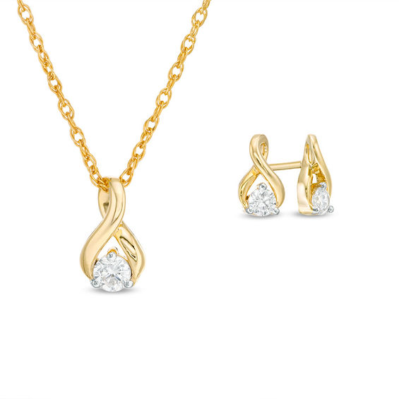 CT. T.W. Diamond Solitaire Twist Pendant and Stud Earrings Set in 10K Gold