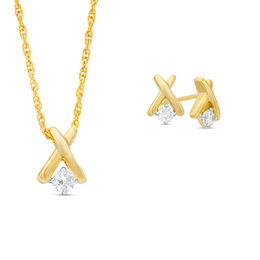 0.23 CT. T.W. Diamond Solitaire &quot;X&quot; Pendant and Stud Earrings Set in 10K Gold