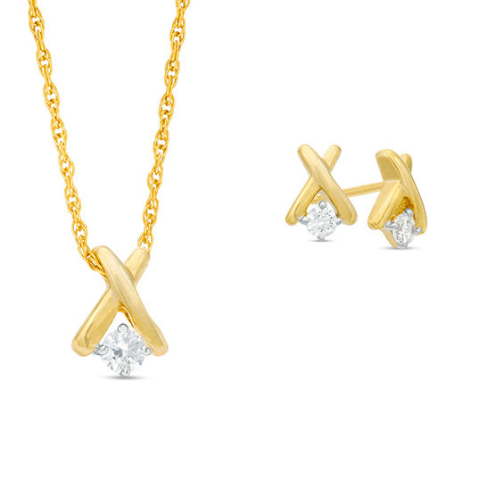 CT. T.W. Diamond Solitaire "X" Pendant and Stud Earrings Set in 10K Gold