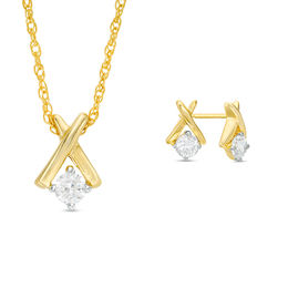 0.45 CT. T.W. Diamond Solitaire &quot;X&quot; Pendant and Stud Earrings Set in 10K Gold